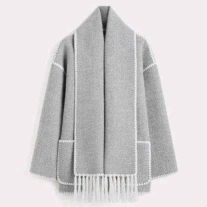 Relaxed Jacket with Attached Scarf, Contrast Stitching, and Fringe Trim
