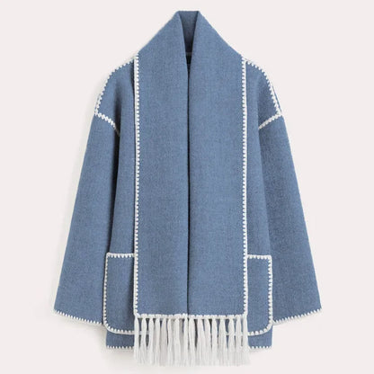 Relaxed Jacket with Attached Scarf, Contrast Stitching, and Fringe Trim