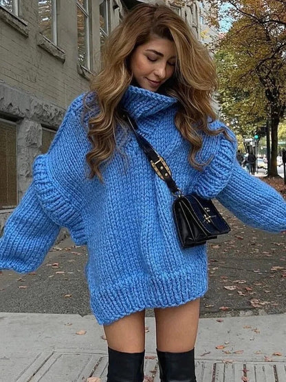 Oversized Pullover Sweater with Turtleneck and Drop Shoulders