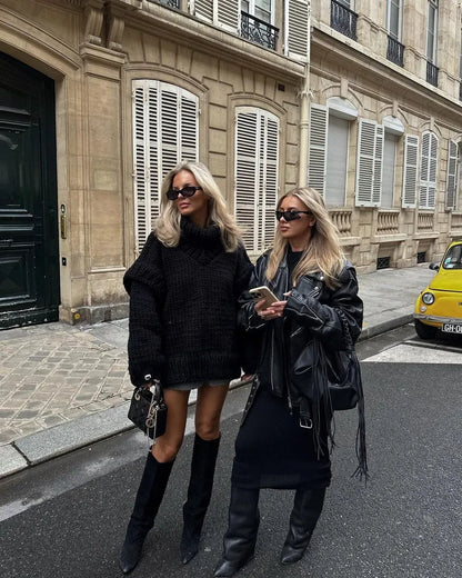 Oversized Pullover Sweater with Turtleneck and Drop Shoulders