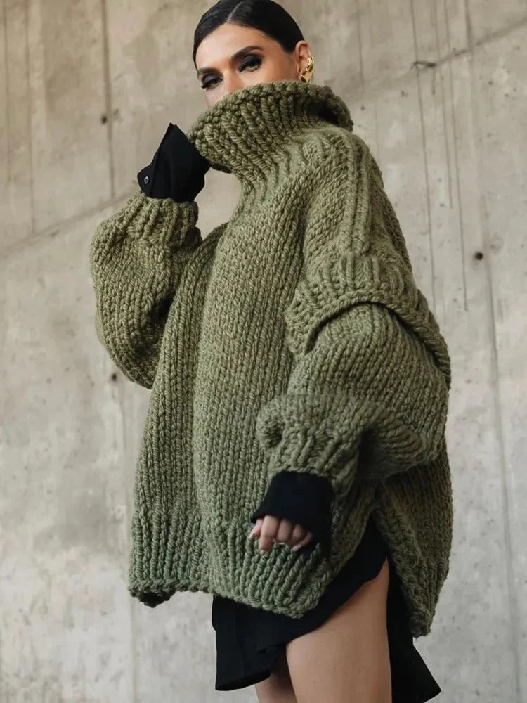 Oversized Pullover Sweater with Turtleneck and Drop Shoulders