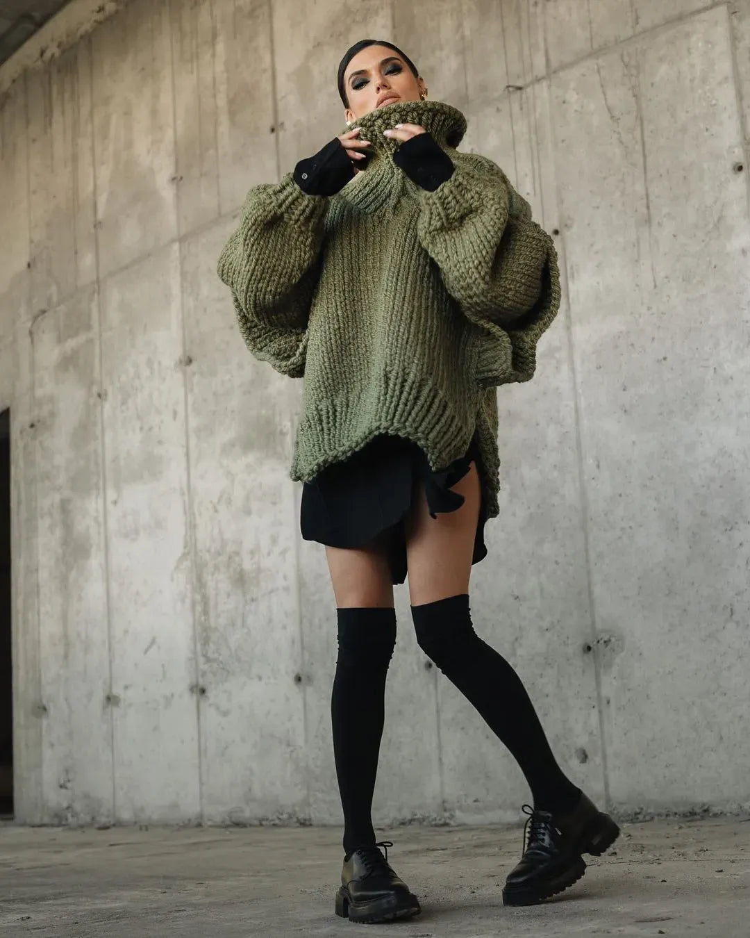 Oversized Pullover Sweater with Turtleneck and Drop Shoulders