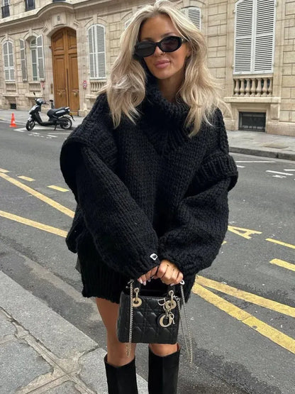Oversized Pullover Sweater with Turtleneck and Drop Shoulders