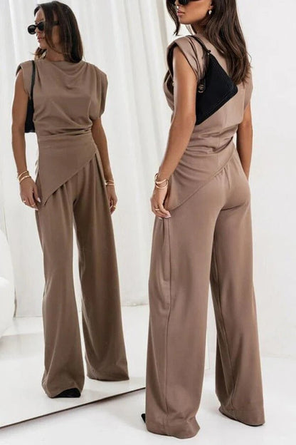 Sleeveless Two-Piece Set with Draped Top and Wide-Leg Trousers