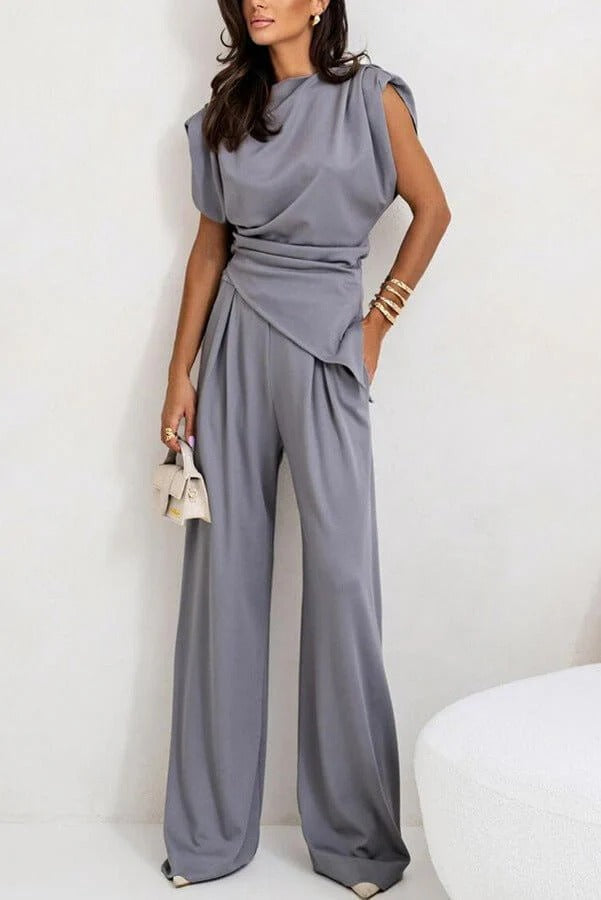 Sleeveless Two-Piece Set with Draped Top and Wide-Leg Trousers