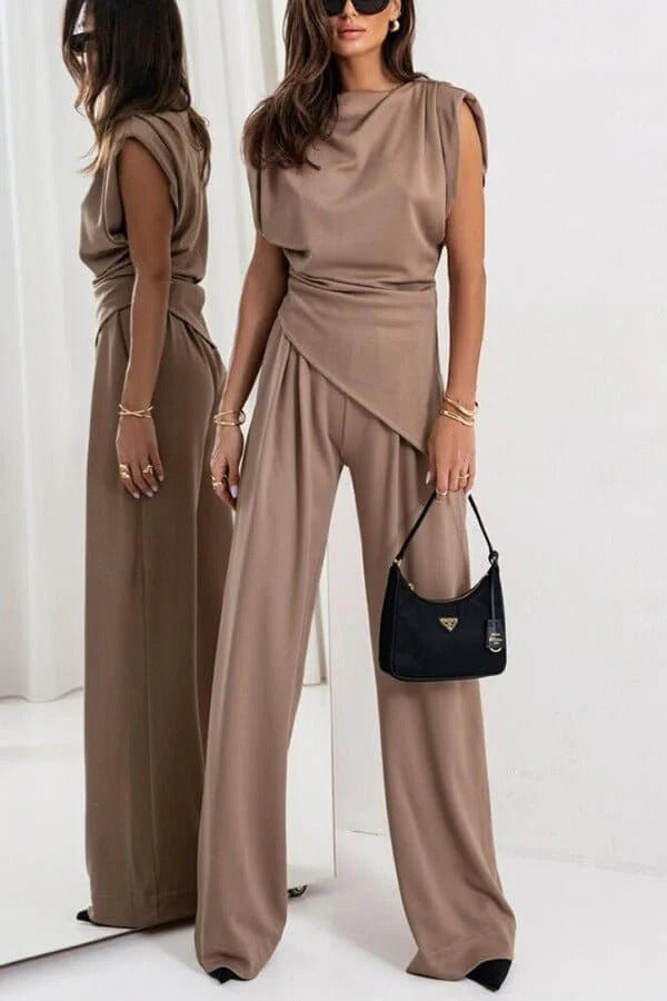 Sleeveless Two-Piece Set with Draped Top and Wide-Leg Trousers