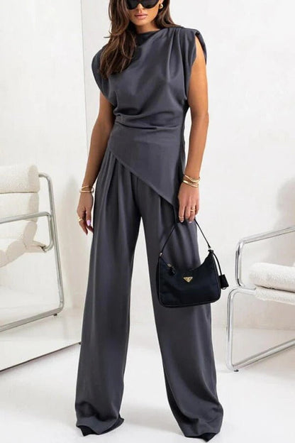 Sleeveless Two-Piece Set with Draped Top and Wide-Leg Trousers