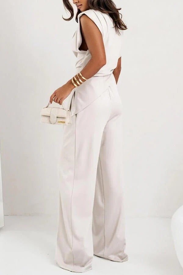 Sleeveless Two-Piece Set with Draped Top and Wide-Leg Trousers