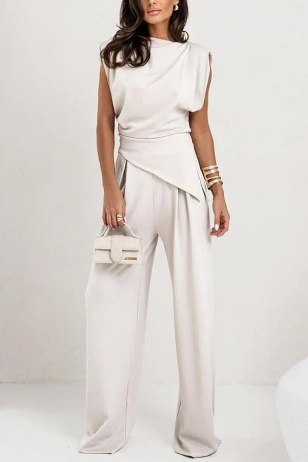 Sleeveless Two-Piece Set with Draped Top and Wide-Leg Trousers