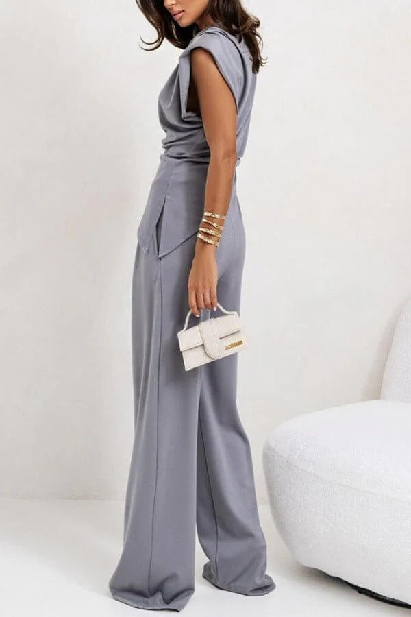 Sleeveless Two-Piece Set with Draped Top and Wide-Leg Trousers