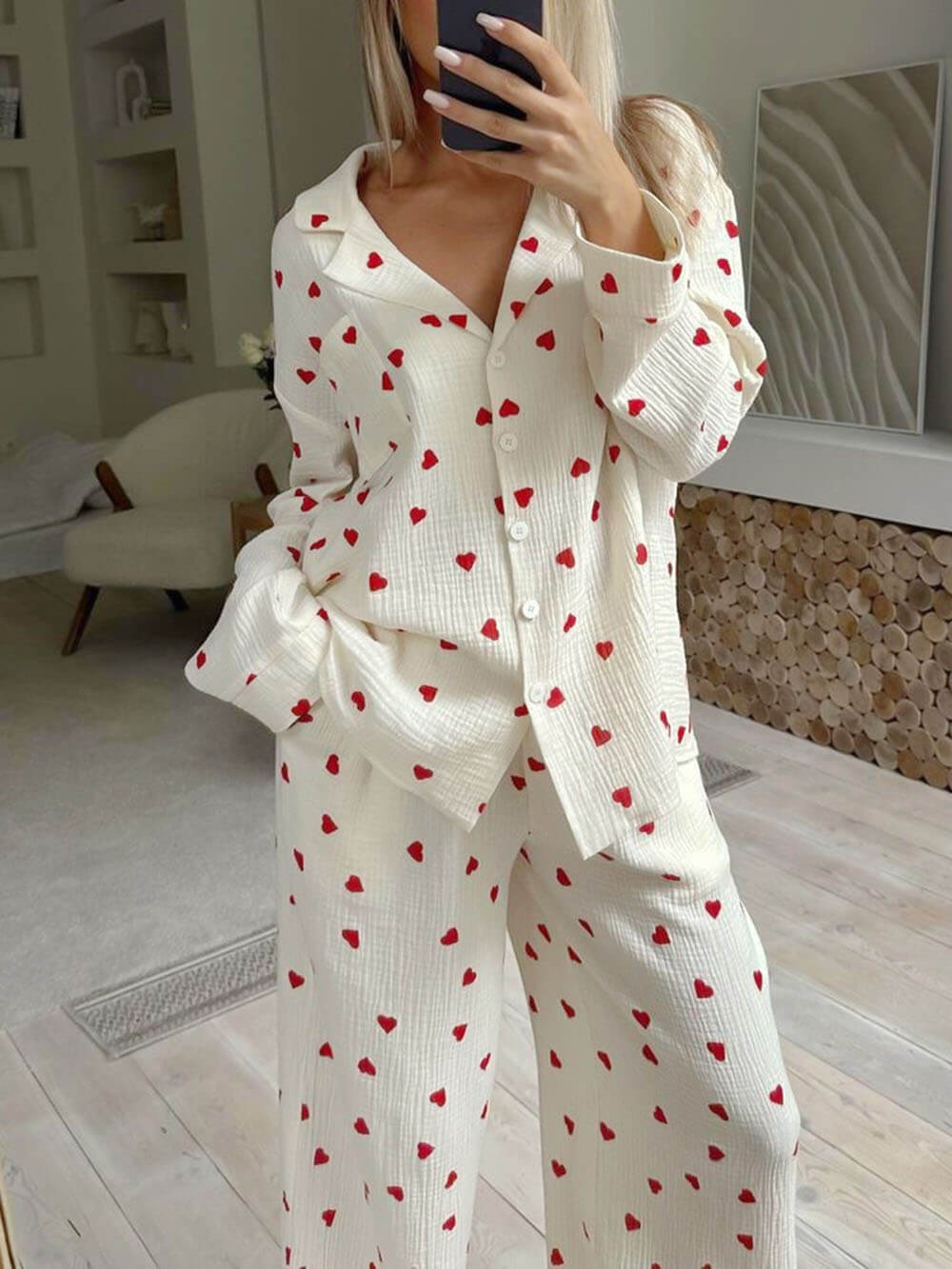Collared Pyjama Set with Button Front and Long Sleeves