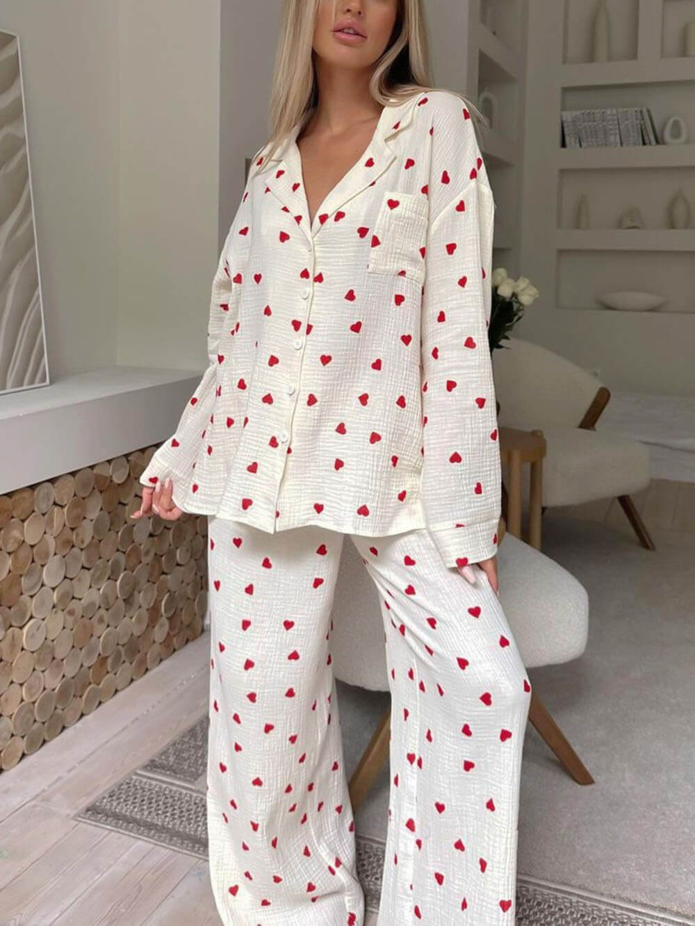 Collared Pyjama Set with Button Front and Long Sleeves