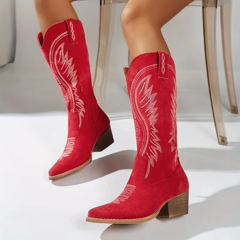 Embroidered Knee-High Western Boots with Block Heel and Pointed Toe