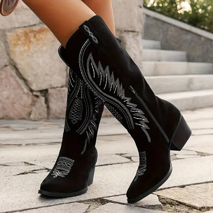 Embroidered Knee-High Western Boots with Block Heel and Pointed Toe