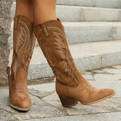 Embroidered Knee-High Western Boots with Block Heel and Pointed Toe