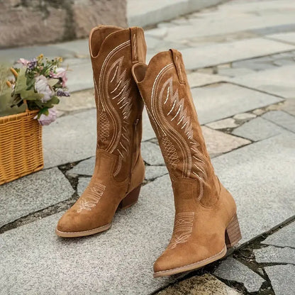 Embroidered Knee-High Western Boots with Block Heel and Pointed Toe