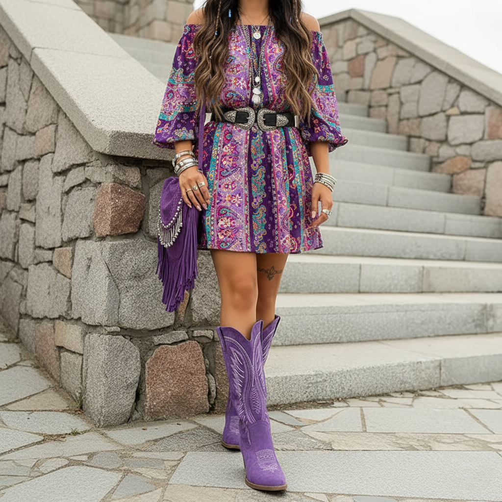 Embroidered Knee-High Western Boots with Block Heel and Pointed Toe