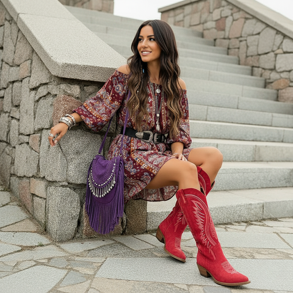 Embroidered Knee-High Western Boots with Block Heel and Pointed Toe