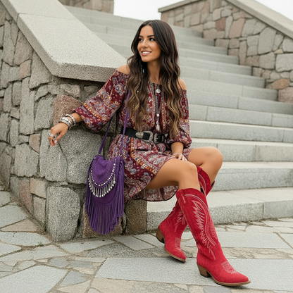 Embroidered Knee-High Western Boots with Block Heel and Pointed Toe