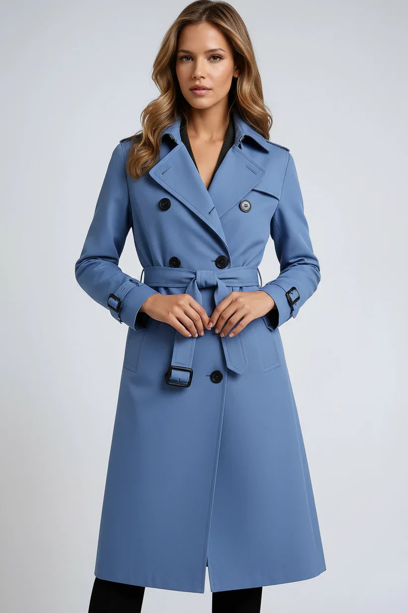 Double-Breasted Trench Coat with Notched Lapels, Tie-Waist Belt, and Mid-Calf Length