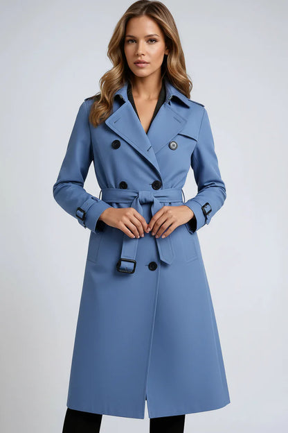 Double-Breasted Trench Coat with Notched Lapels, Tie-Waist Belt, and Mid-Calf Length