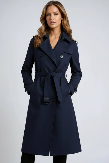 Double-Breasted Trench Coat with Notched Lapels, Tie-Waist Belt, and Mid-Calf Length