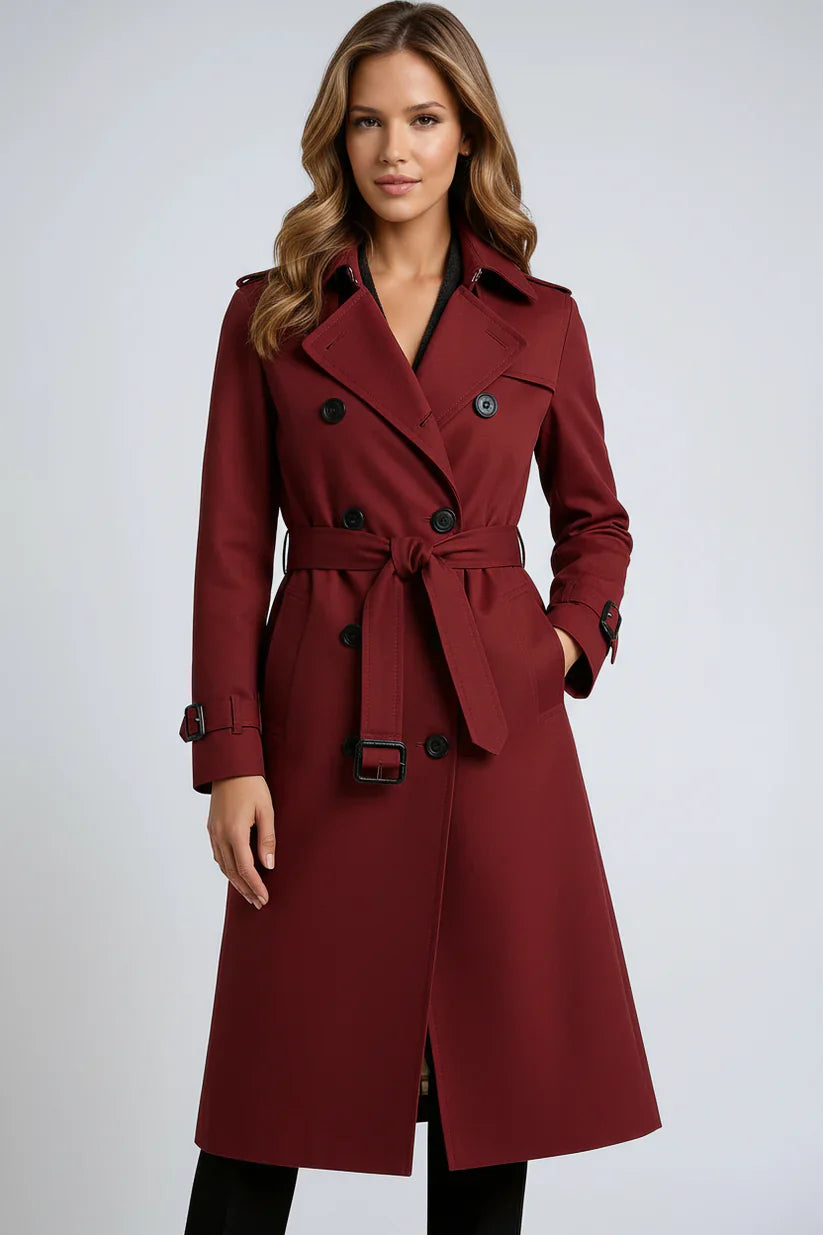 Double-Breasted Trench Coat with Notched Lapels, Tie-Waist Belt, and Mid-Calf Length