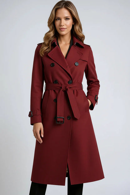 Double-Breasted Trench Coat with Notched Lapels, Tie-Waist Belt, and Mid-Calf Length