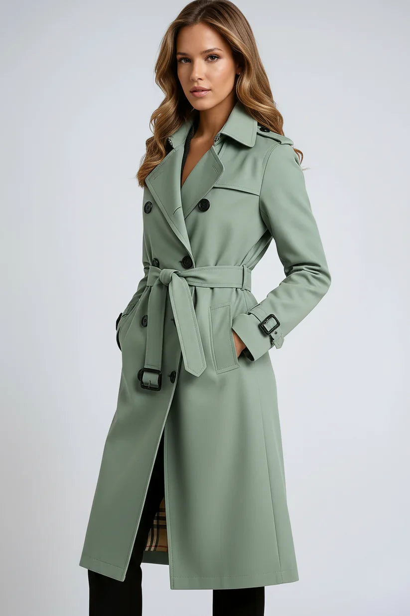 Double-Breasted Trench Coat with Notched Lapels, Tie-Waist Belt, and Mid-Calf Length