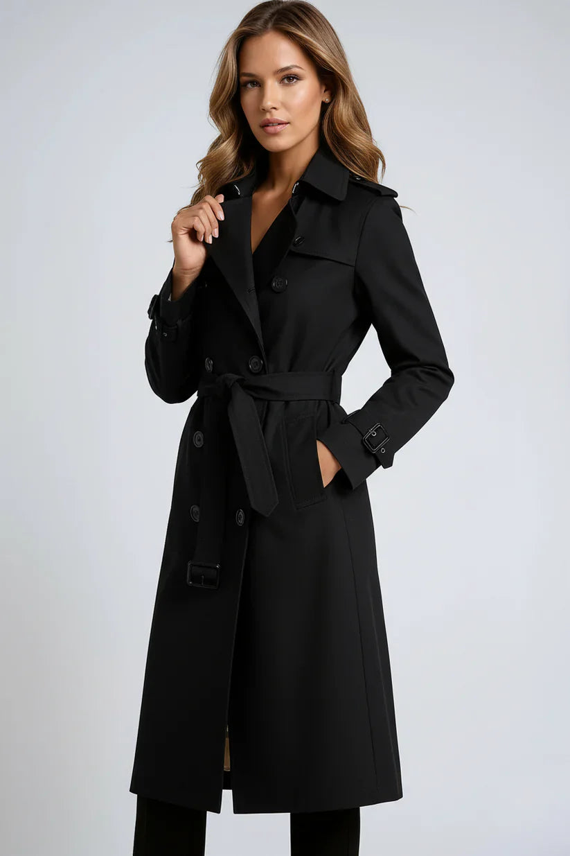 Double-Breasted Trench Coat with Notched Lapels, Tie-Waist Belt, and Mid-Calf Length