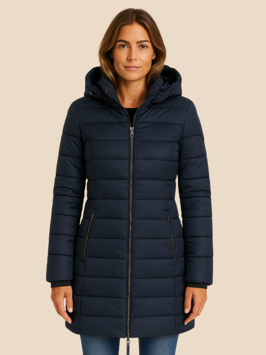 Mid-Length Hooded Puffer Jacket with Fitted Silhouette and Zip Closure