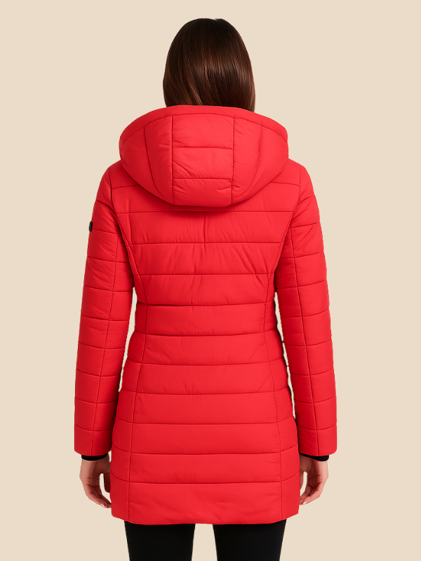 Mid-Length Hooded Puffer Jacket with Fitted Silhouette and Zip Closure