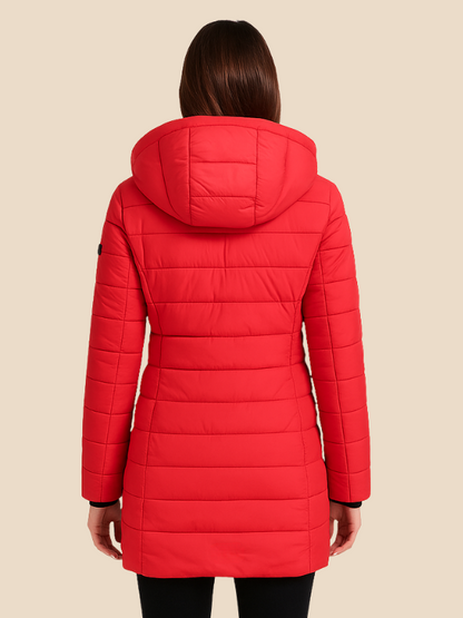 Mid-Length Hooded Puffer Jacket with Fitted Silhouette and Zip Closure