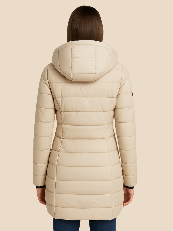 Mid-Length Hooded Puffer Jacket with Fitted Silhouette and Zip Closure