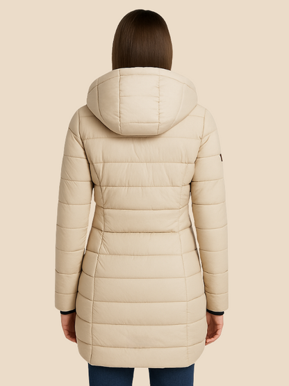 Mid-Length Hooded Puffer Jacket with Fitted Silhouette and Zip Closure