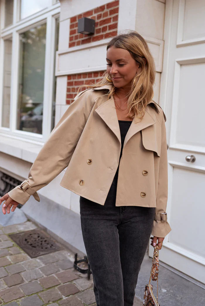 Cropped Trench Jacket with Double-Breasted Closure and Notched Lapels