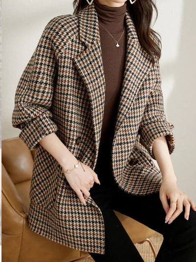 Notched Lapel Houndstooth Blazer with Double-Breasted Closure and Rolled Cuffs