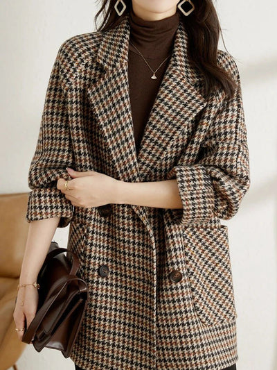 Notched Lapel Houndstooth Blazer with Double-Breasted Closure and Rolled Cuffs