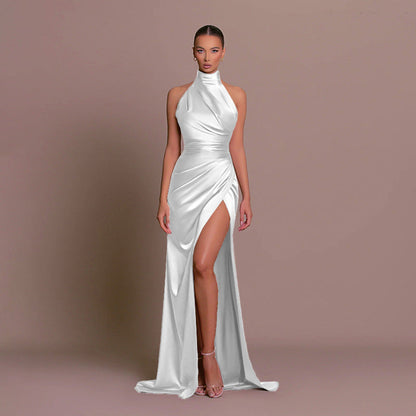 Halter Neck Ruched Maxi Dress with High Slit