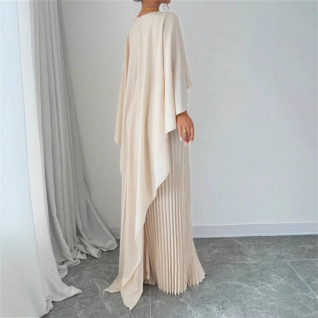 Maxi Dress with Pleated Skirt and Draped Cape Overlay