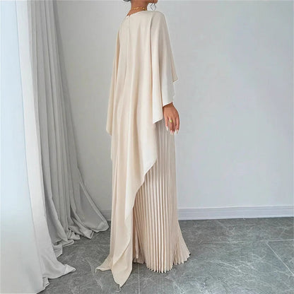 Maxi Dress with Pleated Skirt and Draped Cape Overlay