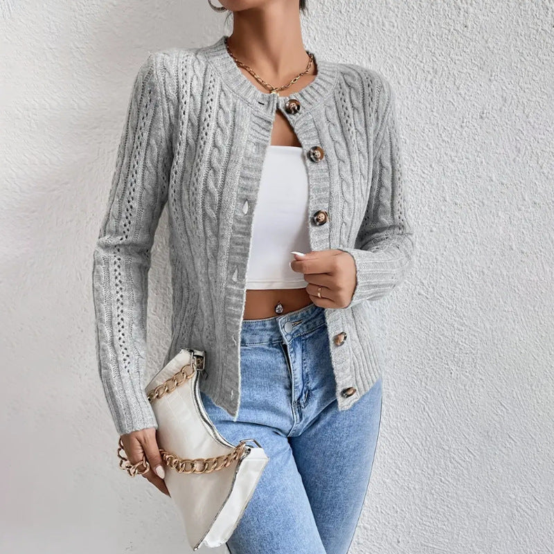 Knit Cardigan with Crew Neck and Long Sleeves