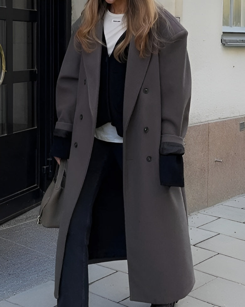 Double-Breasted Long Coat with Notched Lapels and Front Button Closure