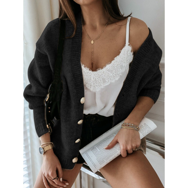 V-Neck Button-Front Cardigan with Long Sleeves and Relaxed Fit