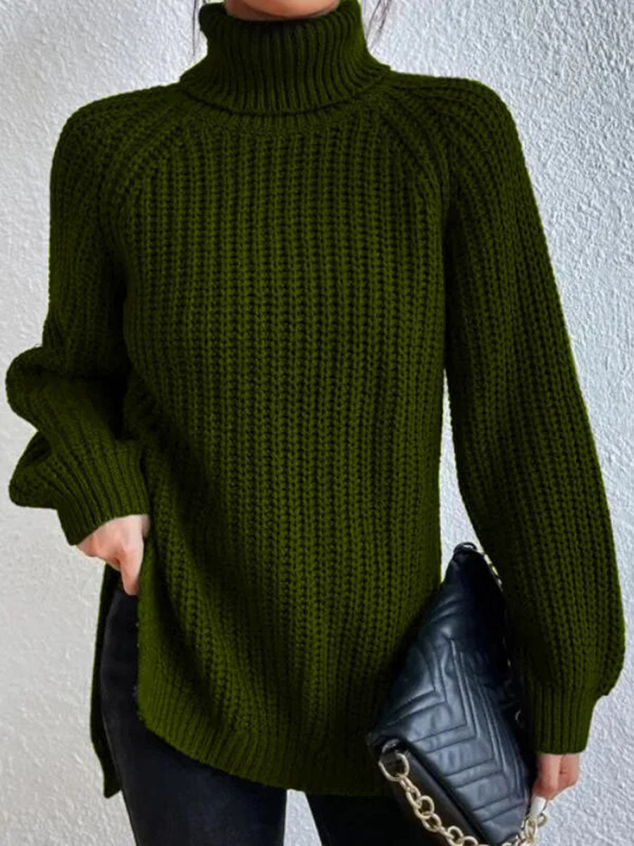 Long-Sleeve Pullover Sweater with Turtleneck and Side Slits