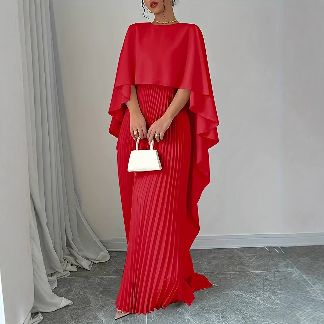 Maxi Dress with Pleated Skirt and Draped Cape Overlay