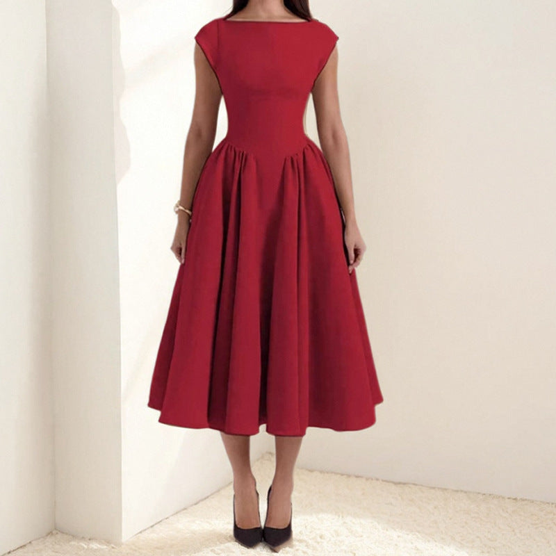 Fit-and-Flare woven Midi Dress with Boat Neck