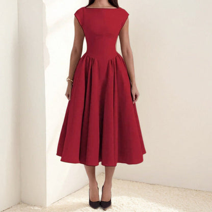 Fit-and-Flare woven Midi Dress with Boat Neck