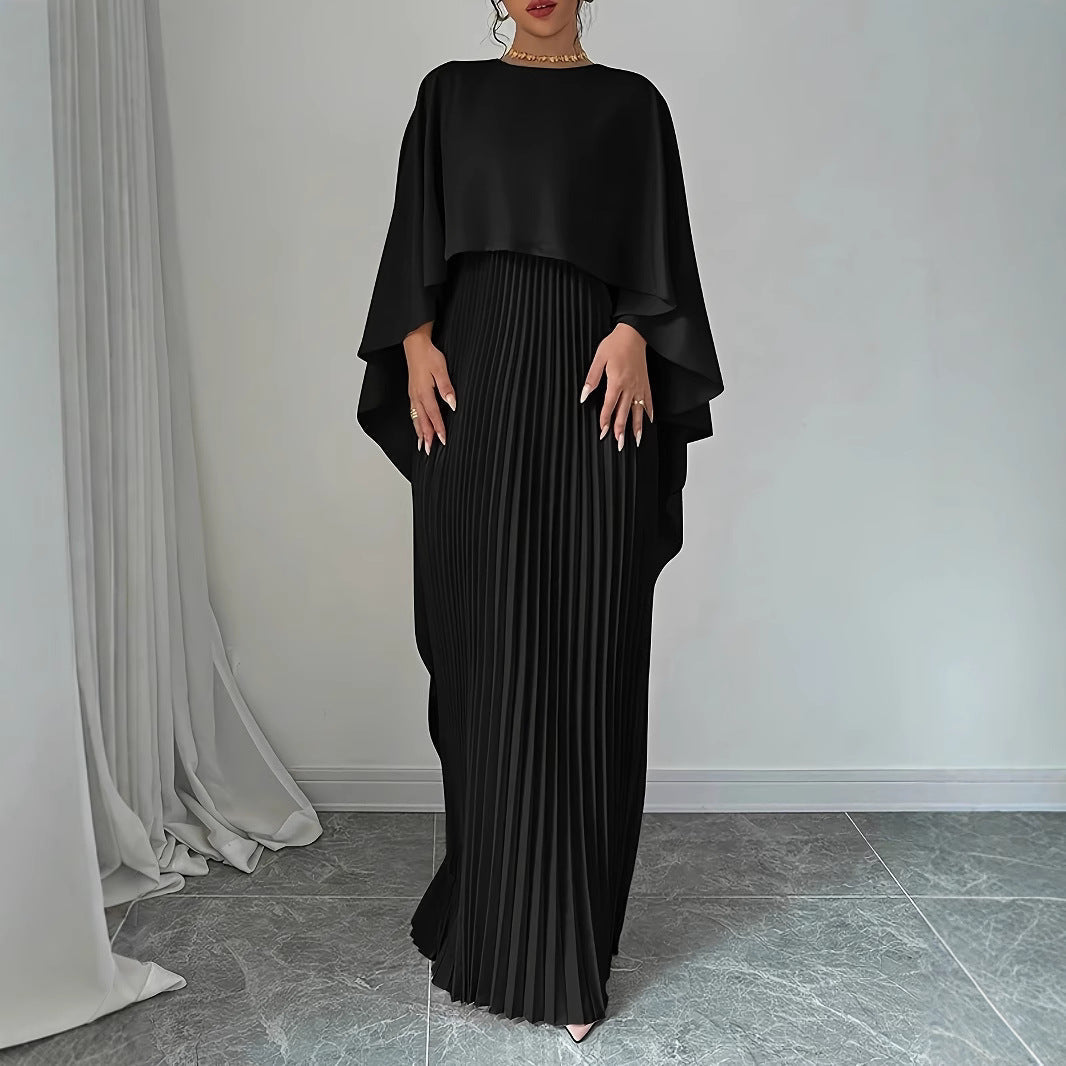Maxi Dress with Pleated Skirt and Draped Cape Overlay