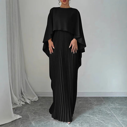 Maxi Dress with Pleated Skirt and Draped Cape Overlay